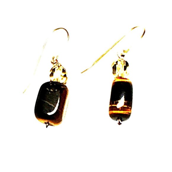 Tiger Eye Dangle Earrings with Faceted Crystal Beads Handmade Jewelry - Picture 3 of 9
